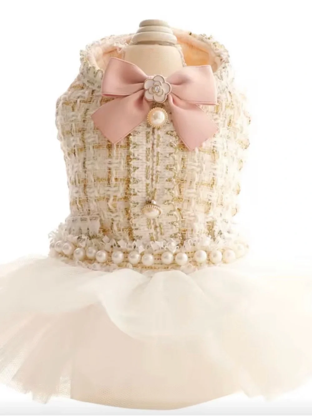 Chic Cream Tweed Dog Dress with Pink Bow